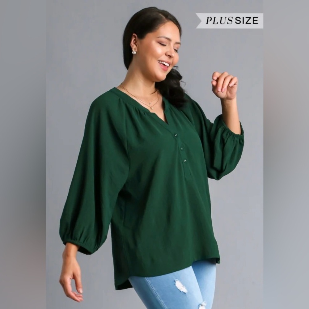 ✨ Umgee Notched Neckline Raglan Sleeve High Low Hem Blouse in hunter green